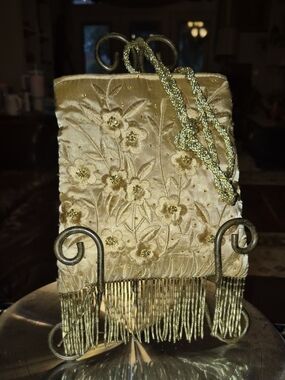 Magid  Small Satin Formal Crossbody Bag With Glass beaded Fringe. Champagne Gold